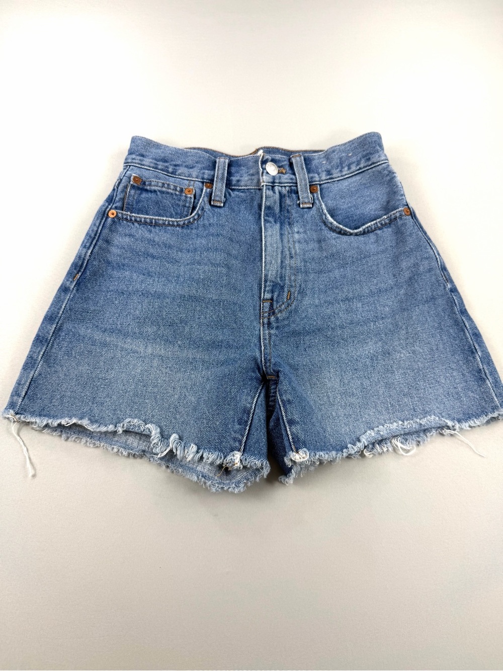 Madewell The Momjean Shorts 23 High Rise Cutoff Denim Mom Jean Raw Hem Blue